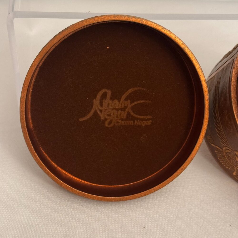 Charm Negar Leather Hand Tooled Persian Design Faravahar Circular Trinket Box - Picture 8 of 16